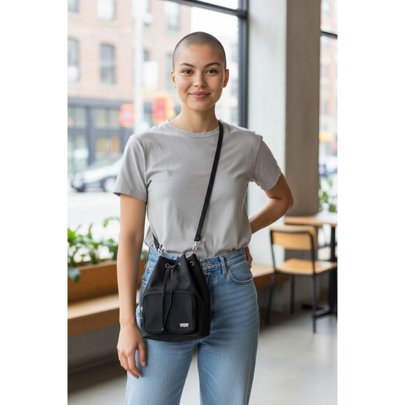 Levi’s Nylon Drawstring Bucket Bag Black  Crossbody Purse Removable Strap - Picture 1 of 6